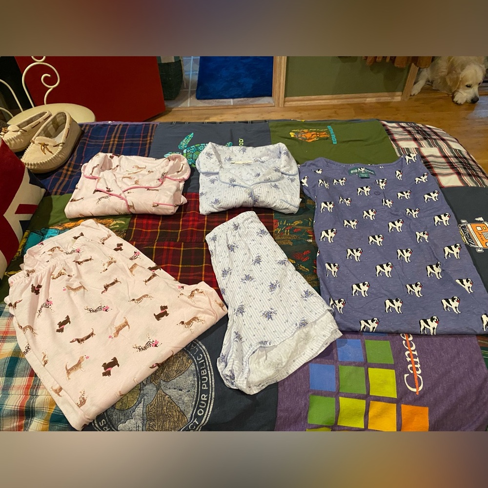 XL Laura Ashley Pink Dog Print PJ  Set and Floral set w free Big Dog Gown